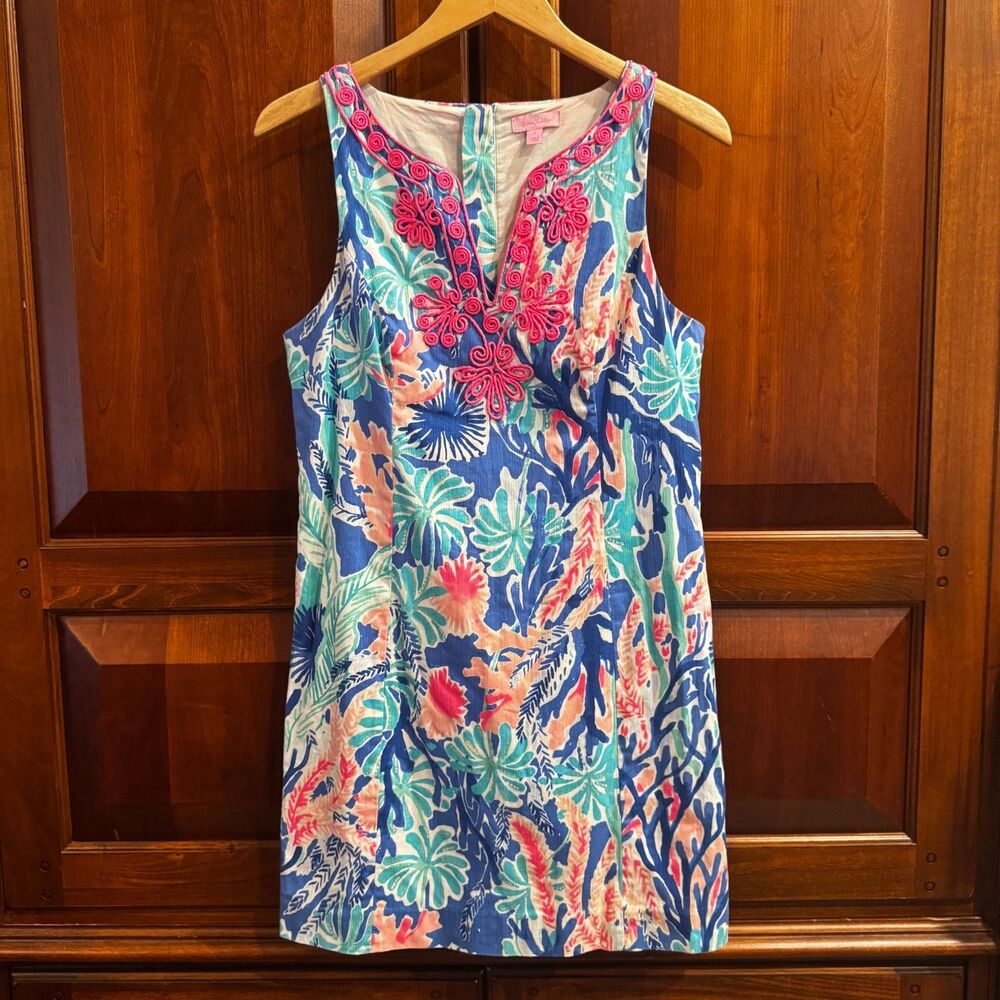 Lilly Pulitzer Gabby Shift Dress Multi Jet Stream Tropical Print Size 8 - Picture 2 of 16